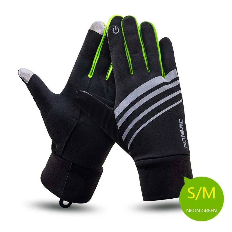 SM Neon Green AONIJIE Зимние перчатки для бега унисекс Спорт на открытом воздухе для сенсорного экрана с защитой от ветра Термальность флиса Пеший Туризм Велоспорт Лыжи велосипедные перчатки - Цвет: SM Neon Green