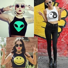 Желтый смайлик Черный и белый цвета эластичный корсет без рукавов Короткие Дизайн Голый живот жилет