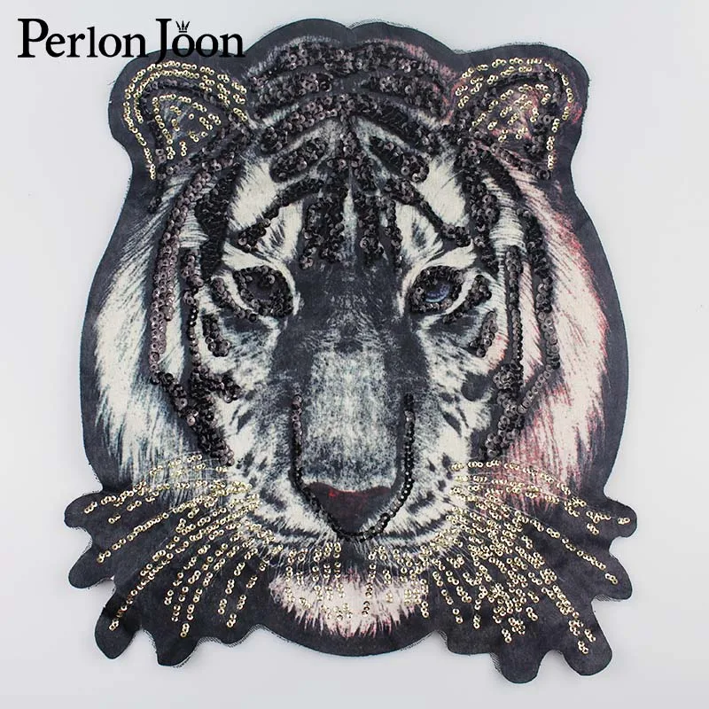 

Fashion super big white tiger sequin Animal big patch printed tiger patches for Clothing Sew on clothing applique TP032