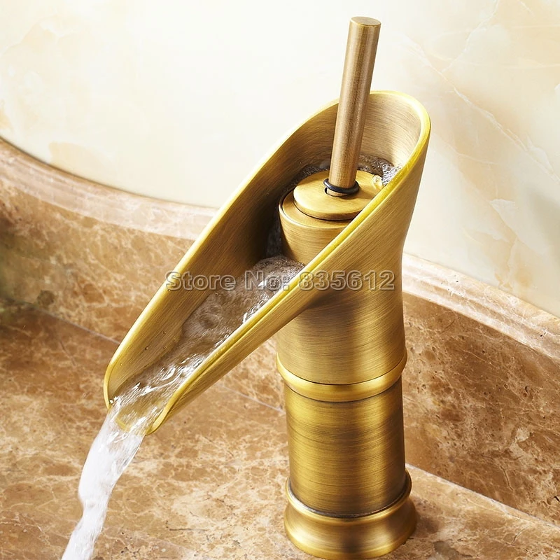 Bathroom Waterfall Tap Antique Brass Finish Single Handle Basin