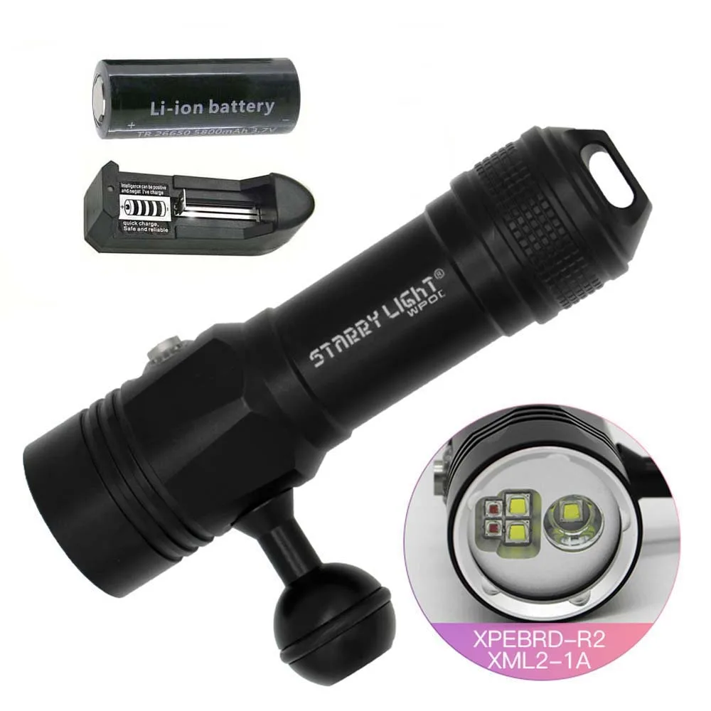 

5x XM-L2 LED Diving Flashlight WP0C use 18650/26650 Scuba Dive Torch Waterproof Underwater 50M Red light Portable lamp lantern