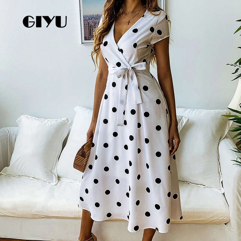 

GIYU Summer Dot Printing Women Long Dress Holiday Wrap Dresses V Neck Short Sleeve Vestido Sexy Tie-up Bow robe femme