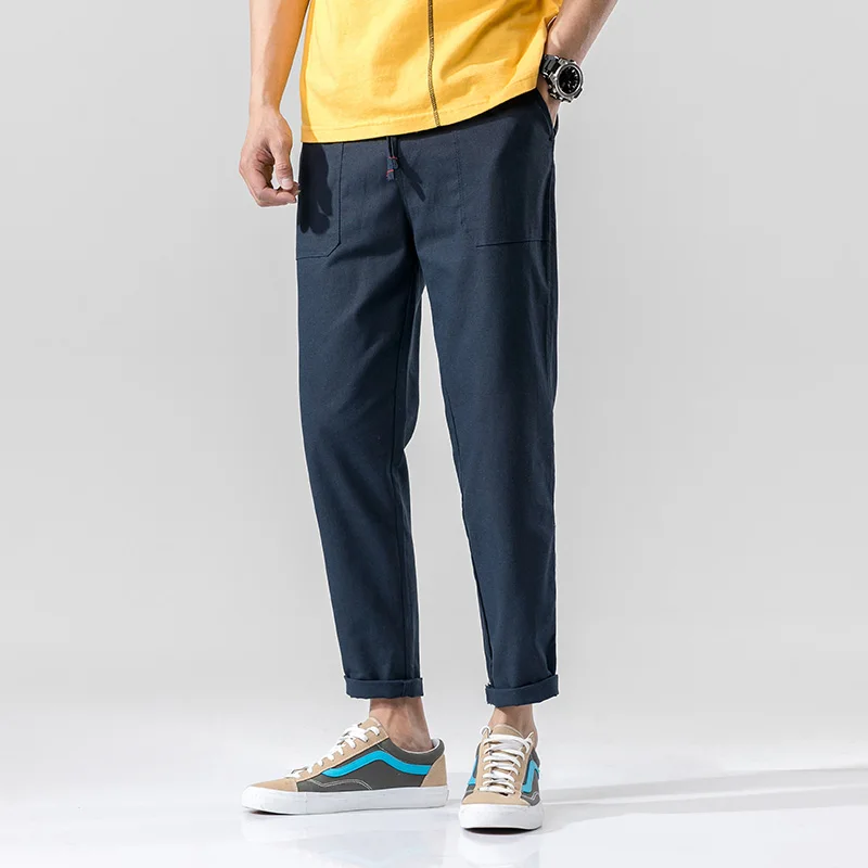 Летняя мода корейский стиль мужские черные Хаки длиной до щиколотки хлопок лен уличные брюки шаровары Мужские 5XL