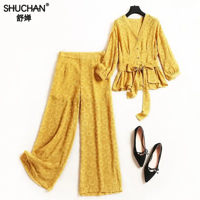 

Shuchan Yellow 2 Piece Set Women Fashion Top V-neck+ Ankle-length Pants High Street Conjunto Feminino Suit Women 10683