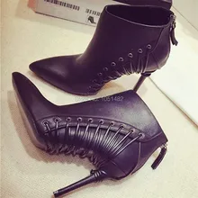 Fashion Straps Design Women Ankle Boots Pointed Toe Back Zipper Short Booties Sexy High Heels Women Pumps Botines Mujer