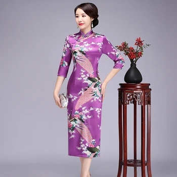 

2020 Summer Women Satin Short Sleeve Cheongsam Vintage Print Flower Qipao Vestidos Classic Mandarin Collar Dress Oversize 4XL