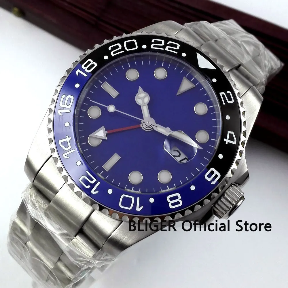 Sapphire Glass BLIGER 40mm Blue Sterile Dial Black Blue Ceramic Bezel Red GMT Pointer Luminous Automatic Movement Men's Watch Sapphire Glass BLIGER 40mm Blue Sterile Dial Black Blue Ceramic Bezel Red GMT Pointer Luminous Automatic Movement Men's Watch