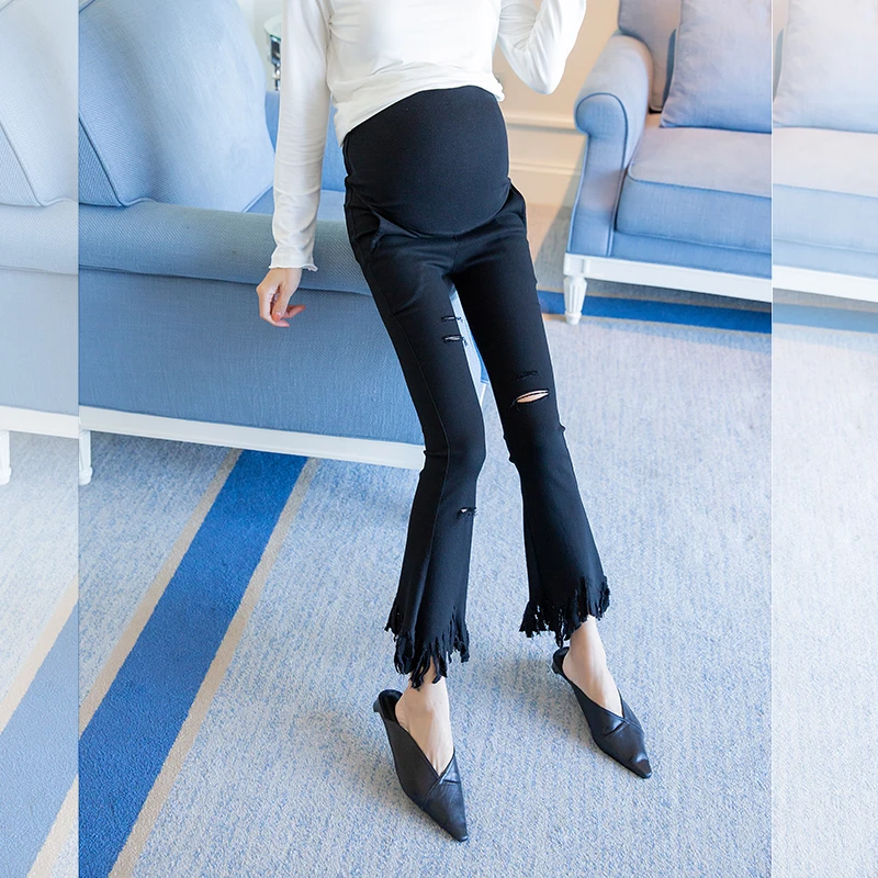 Pregnant women pants wear autumn 2018 new tide mother wild micro-la pants pregnancy period casual slim tassels stomach pants