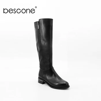 

BESCONE Winter Warm Knee-high Women Boots Round Toe Square Heel With Metal Decoration Shoes New Solid Sheepskin Ladies Boots L15