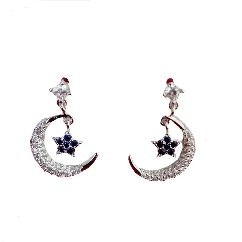 

Fashion New Romantic Women 925 Silver Needle Moon Star Shape Stud Earrings With Blue Rhinestone Girl Friend Lady Gift Earrings