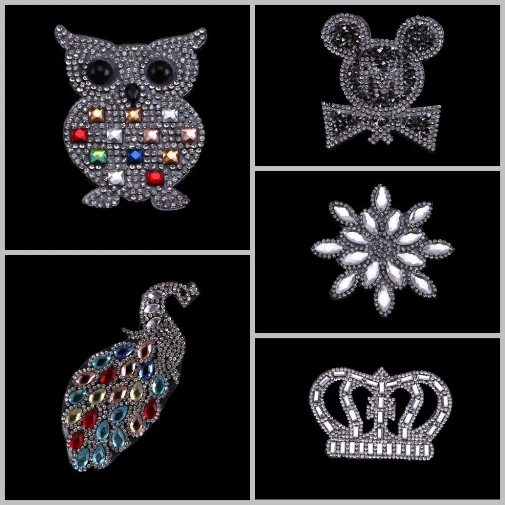 

1PC Iron On Hotfix Rhinestones Patches Motif Women Glass Hot fix Bride Wedding Dress Clothes Mouse Crown Starfish Peacock