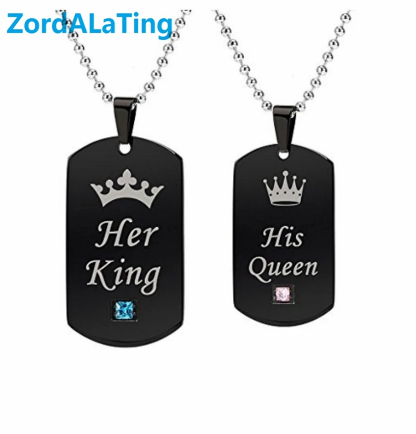 

Titanium steel black Lovers necklace pink blue rhinestone "King" and "Queen" long pendant necklace women and men fashion style