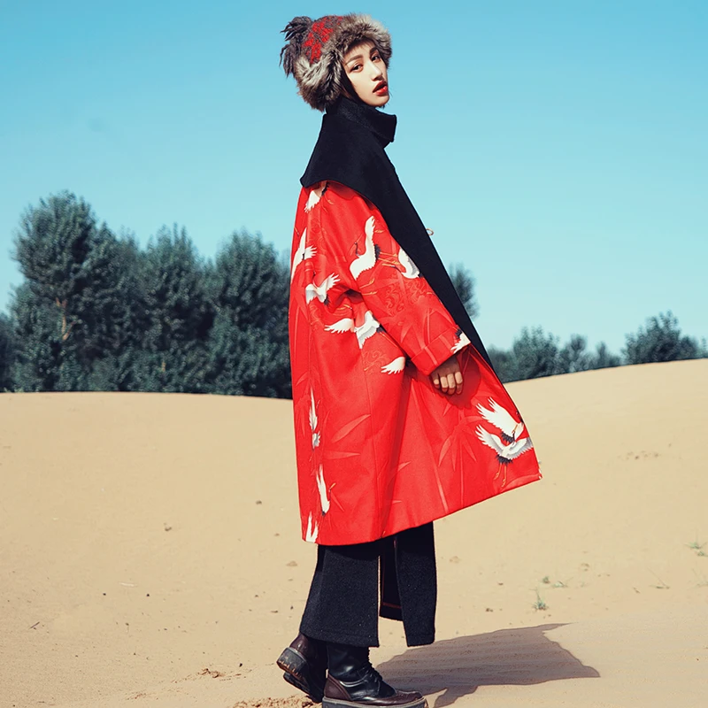 

Autumn Winter New Women National Trend Print Rolled Collar Casual Ultra Loose Medium-Long Red/Blue Outerwear Woolen Overcoat