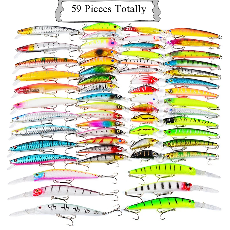 

Vissen 59 Pc/Lot Fishing Lure Set 8 Model MIxed Crankit/Minnow /Popper Wobblers for Trolling Isca Artificial Bait Fishing Tackle