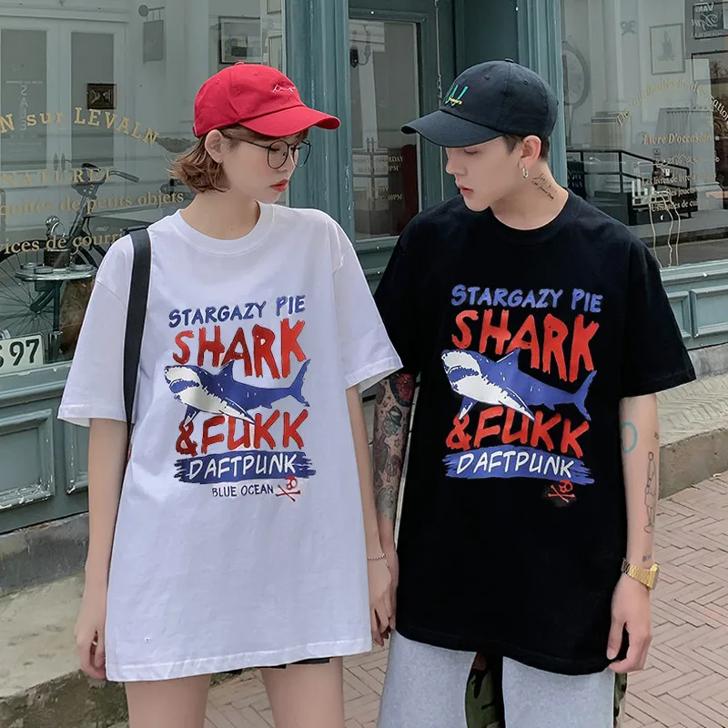 white 2019NEW хлопок Пара Одежда японский street корейский стиль Для женщин футболка АКУЛА летом Modis Белый негабаритных Топы женские - Цвет: white