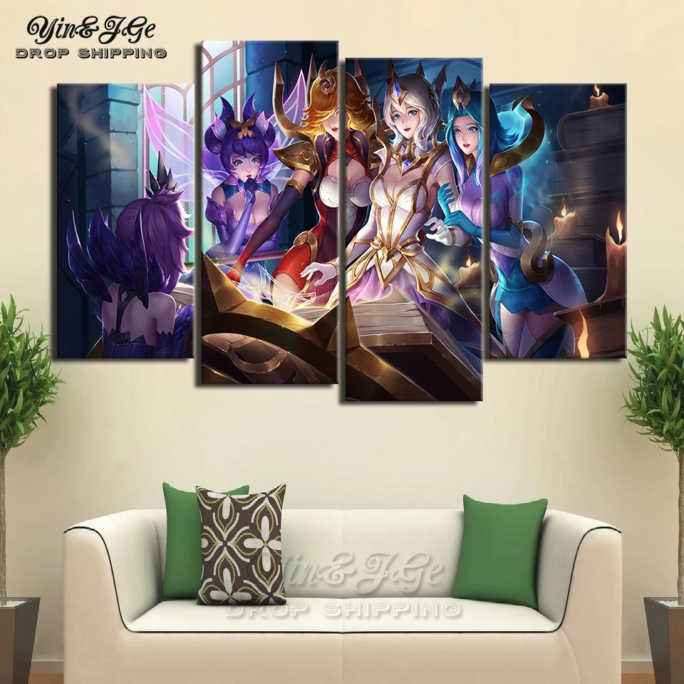 

League of Legends Canvas Painting 4 Pieces HD Printing Game Character Posters Pictures Modular Wall Art Decor Home Bedroom Frame