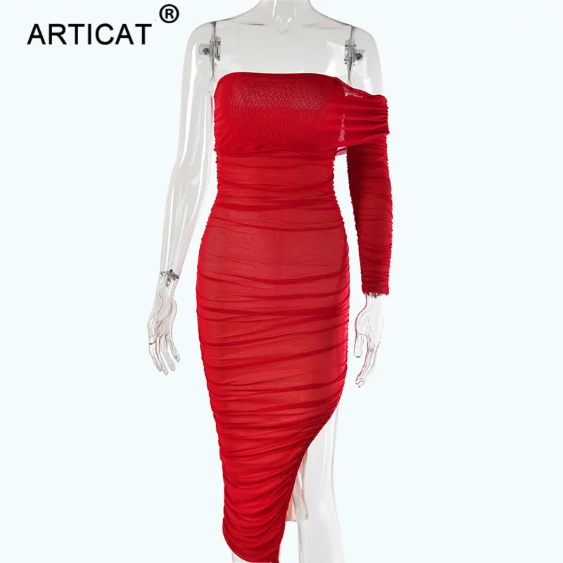 Articat, женское сексуальное Сетчатое платье с рюшами,, с открытыми плечами, без бретелек, с разрезом, длинное платье макси, летнее, облегающее, плиссированное, вечерние, платье - Цвет: Красный