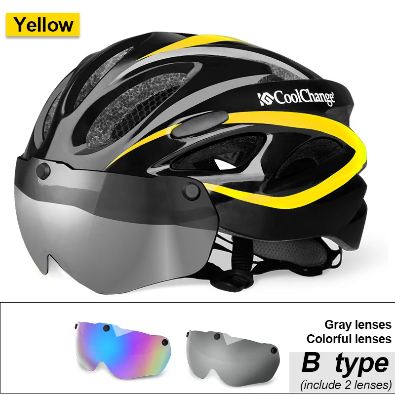 CoolChange Bicycle Helmet EPS Insect Net Road MTB Bike Windproof Lenses Integrally-molded Helmet Cycling Casco Ciclismo - Цвет: B Yellow2 lenses