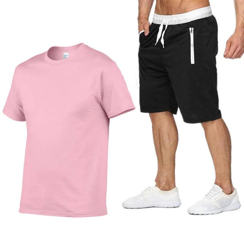 

New brand funny print high quality men's T-shirt set 2 pieces casual short-sleeved O-neck fashion cotton T-shirt shorts