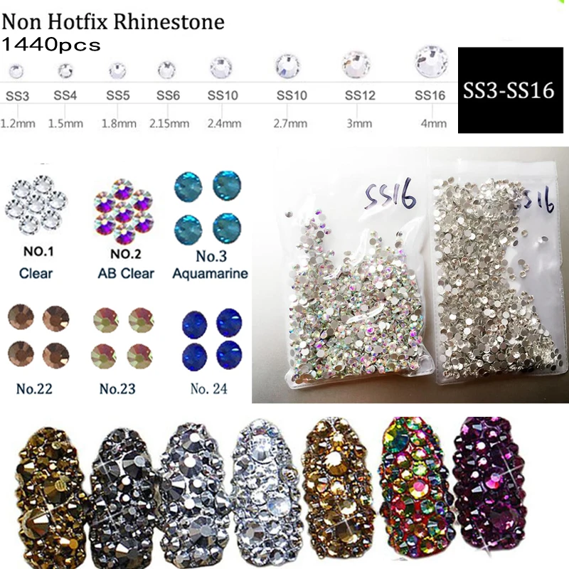 

1440pcs/Pack Aquamarine,Sapphire Flatback Nail Rhinestone SS3~SS16 Nail Art Decoration Stones Shiny Gems Manicure Accessories