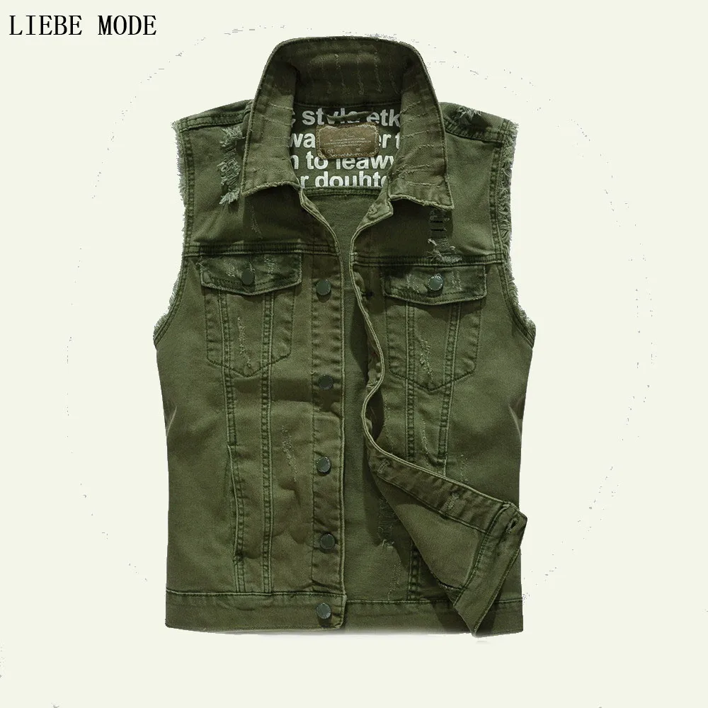 Мужская армейская зеленая джинсовая куртка без рукавов Fashion Denim Vest Men