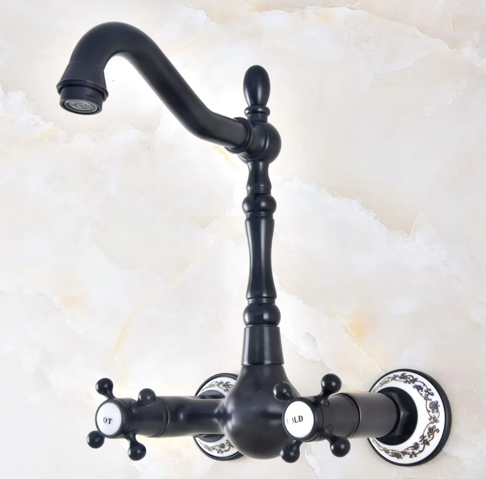 Black Oil Rubbed Bronze Brass Two Cross Handles Wall Mount Swivel Spout Kitchen & Bathroom Basin Sink Faucet Mixer Tap anf472