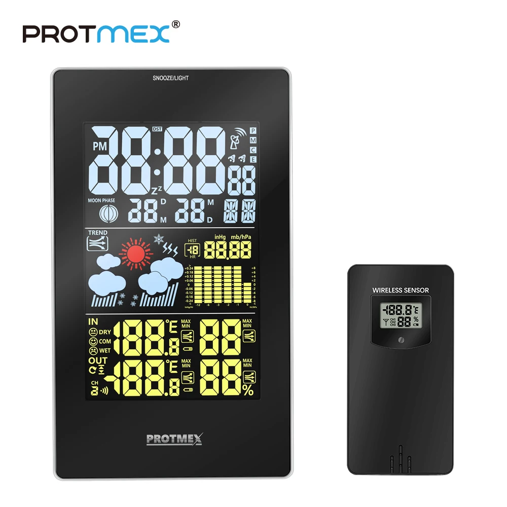 

PROTMEX RCC Wireless Weather Station With Alarm Clock Temperature Humidity Sensor Colorful LCD Barometer Weather Forecast US