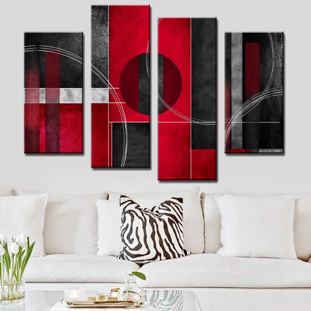 

4 Pcs/Set Large Abstract Wall Art Modular Pictures Red Black Circle Modern Canvas Print Painting for Living Room Decor Unframed