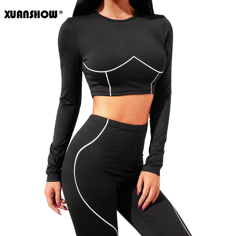 XUANSHOW/модный весенне осенний спортивный костюм женский комплект укороченный топ