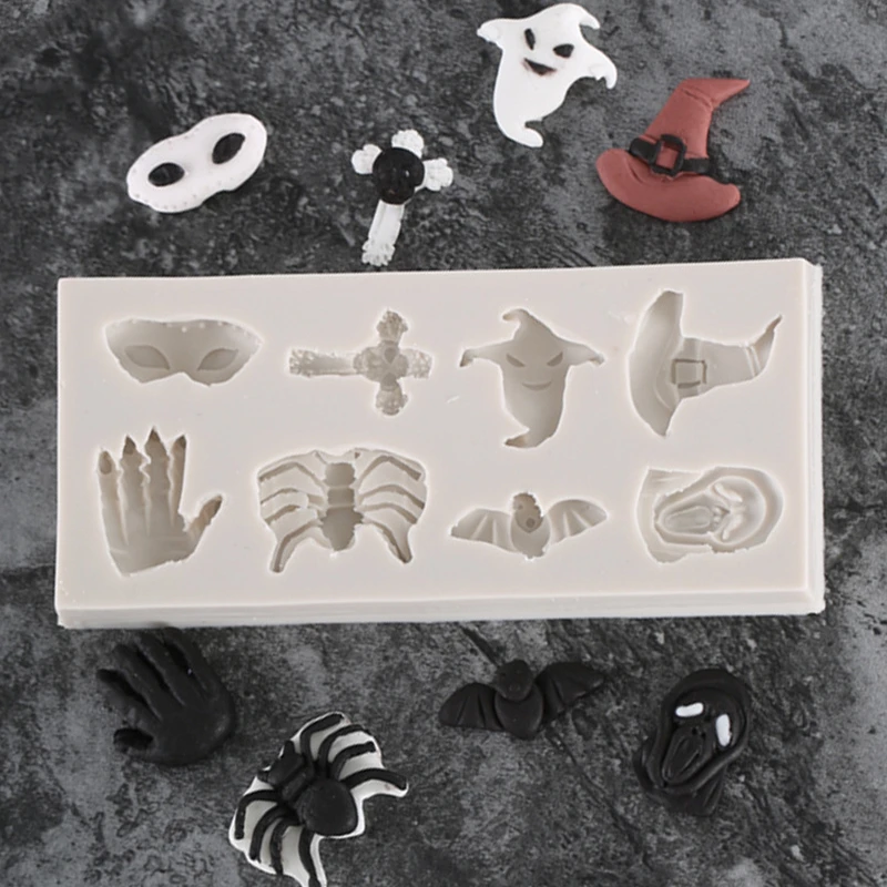 

High quality Spider Skull Halloween witch hat ghost chocolate fondant silicone mold for cake decorating tools h444