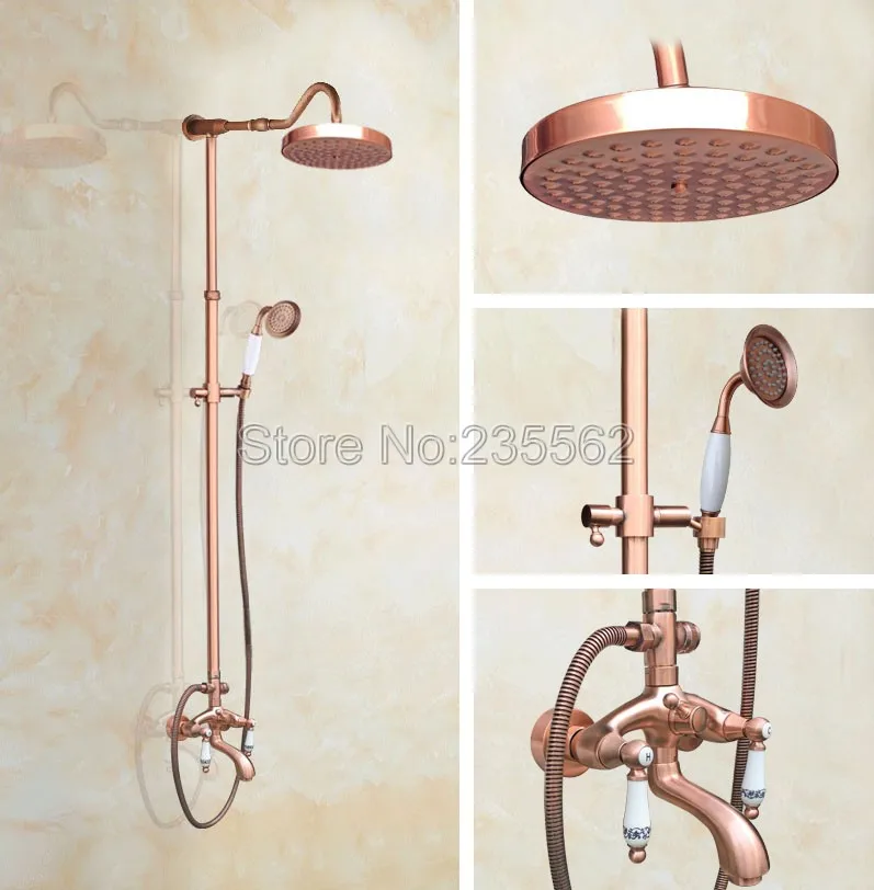 

Antique Red Copper Bathroom Rain Shower Faucet Set Dual Handle Tub Mixer Tap Wall Mounted with Handheld Shower Spray lrg636