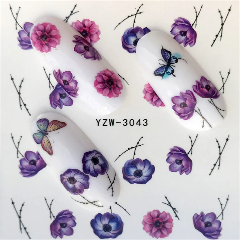 

WUF 1 Sheet Purple Floral Water Decal Colorful Flower Nail Art Transfer Sticker for DIY Manicure Decorations