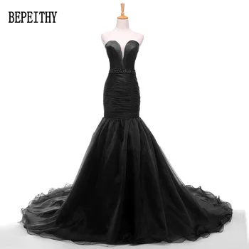 

BEPEITHY Hot Sale Evening Dresses Sweetheart Beading Black Mermaid Organza Long Train Formal Gown Robe De Soiree 2019