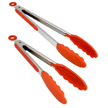 

2 Pcs Bbq Tongs Stainless Steel Barbecue Tongs Non-Slip Grill Tongs With Silicone Tip For Cooking Serving Food (9In+12In) Orange