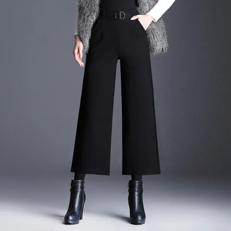 Осенние корейские Harajuku модные шерстяные брюки Женские однотонные черные с высокой талией широкие брюки женские свободные офисные женские брюки