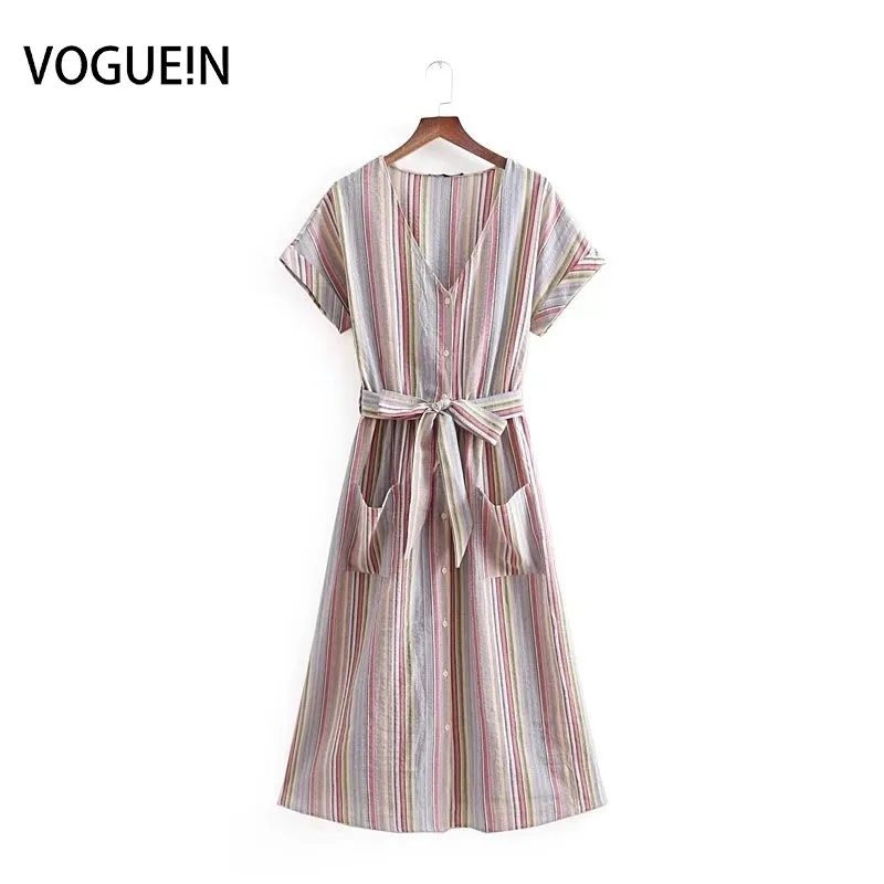 

VOGUEIN New Womens Casual Short Sleeve Striped Print Pockets Bow Tie Midi Dress Wholesale