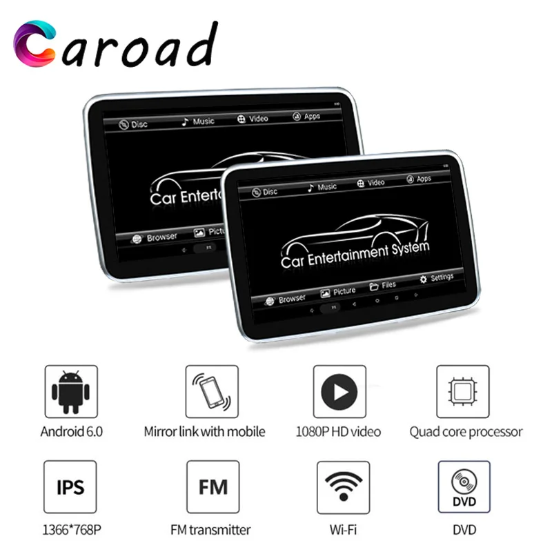  2PCS 10.1 inch Android 6.0 Car Headrest Monitor MP5 DVD Player HD 1080P Video Touch Screen With WIF