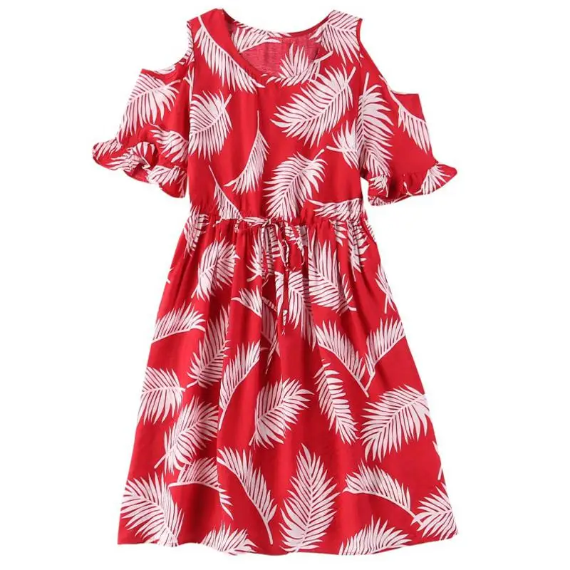 Yiwa Woman Waisted Dress Floral Printing Loose Dress Off-the-shoulder Short Sleeves Breathable Resistant Women's Clothing Dress