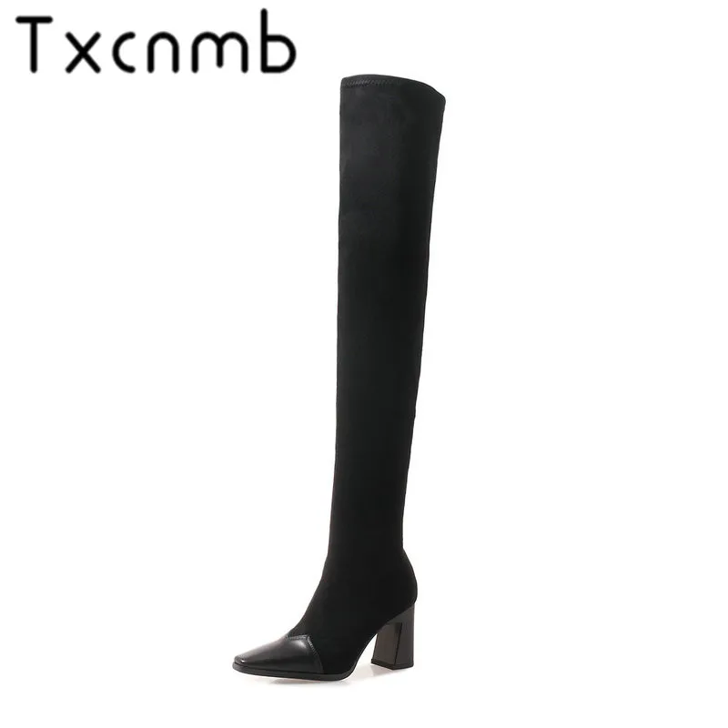 

TXCNMB Elastic Microfiber Boots Women Over The Knee Cow Leather Women Shoes Woman Leggy Long Booties Round Toe High Heel