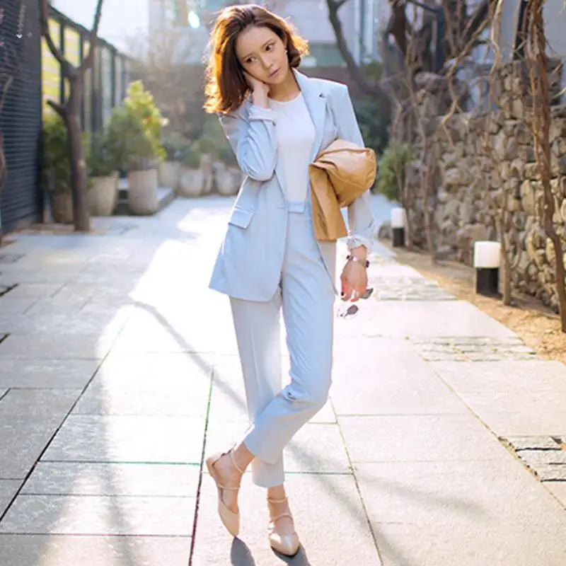 2018 Spring Women Suit Sets Elegant Casual Long Sleeve Leisure Soild Color Suit Jacket Harlan Pants Light Blue Twinset 2018 Spring Women Suit Sets Elegant Casual Long Sleeve Leisure Soild Color Suit Jacket Harlan Pants Light Blue Twinset