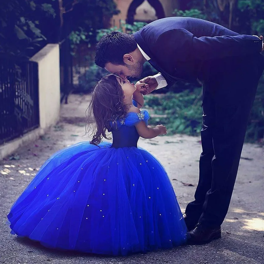Красивое бальное платье для свадьбы Королевский синий платье с цветочным узором для девочек принцесса Детская Вечеринка платье Золушки