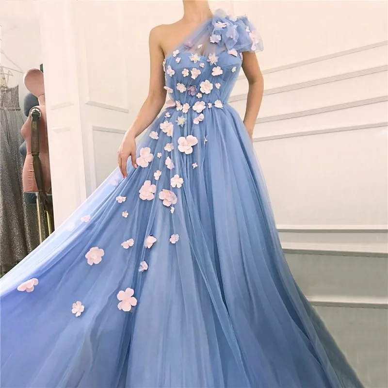 

Fairy Blue Evening Dresses 2019 One Shoulder Handmade Flowers Pearls Tulle Islamic Dubai Saudi Arabic Long Evening Gowns Prom