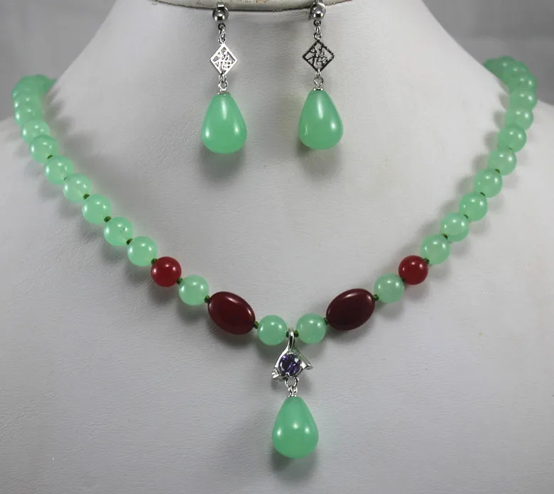 

FREE SHIPPING>>@> 2 styles! Wholesale 8mm light green/red jade wonderful necklace+ 2 styles jade earring&pendant necklace jewelr