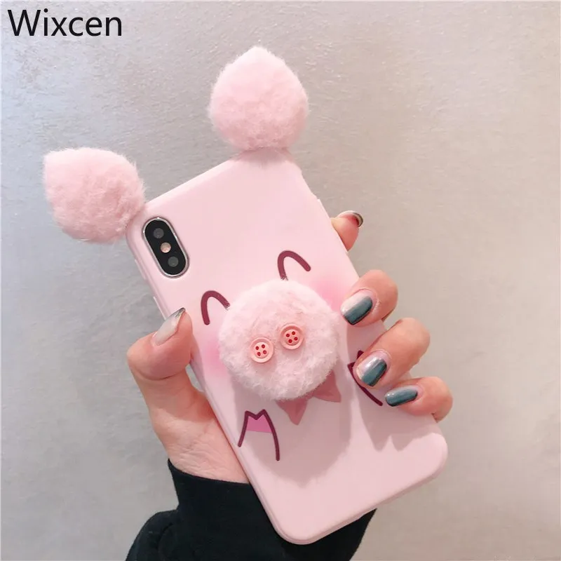 

Wixcen Pink Cartoon Pig Plush Phone Case for Iphone Xs Max Sweet Warm Fur Soft Silicon Case for Iphone 7plus 6s 8 Back Cover