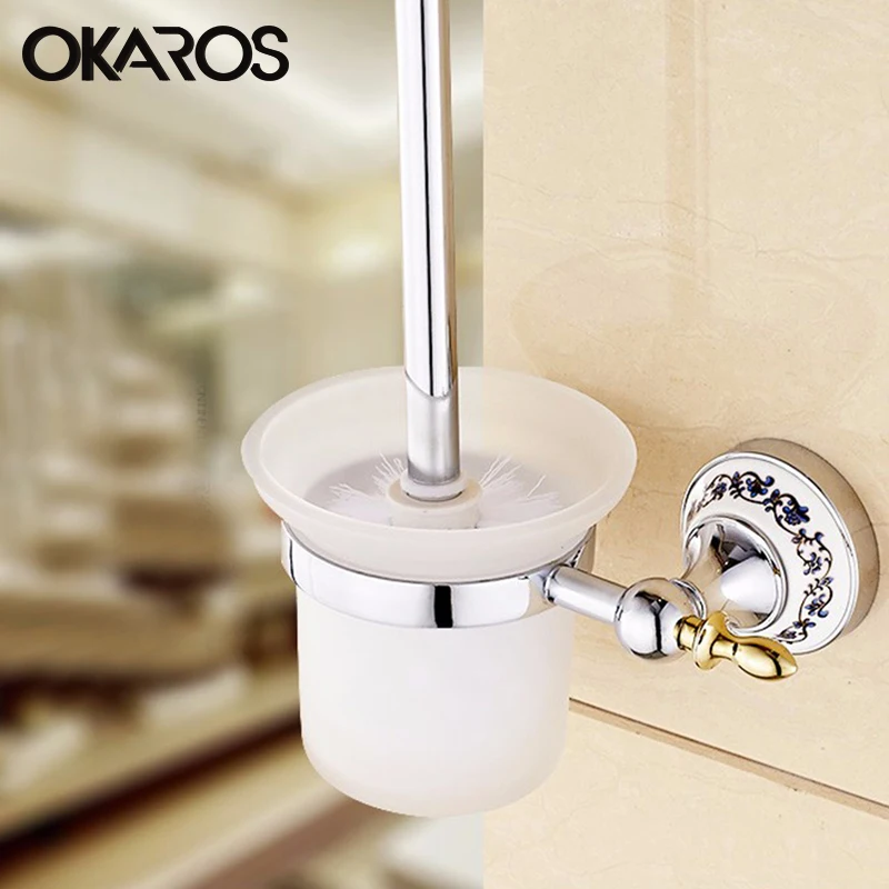OKAROS Chrome Finished Toilet Brush Holder With Glass Cup Ceramic Decoration Stainless Steel Chrome Bathroom Cheap Hardware OKAROS Chrome Finished Toilet Brush Holder With Glass Cup Ceramic Decoration Stainless Steel Chrome Bathroom Cheap Hardware