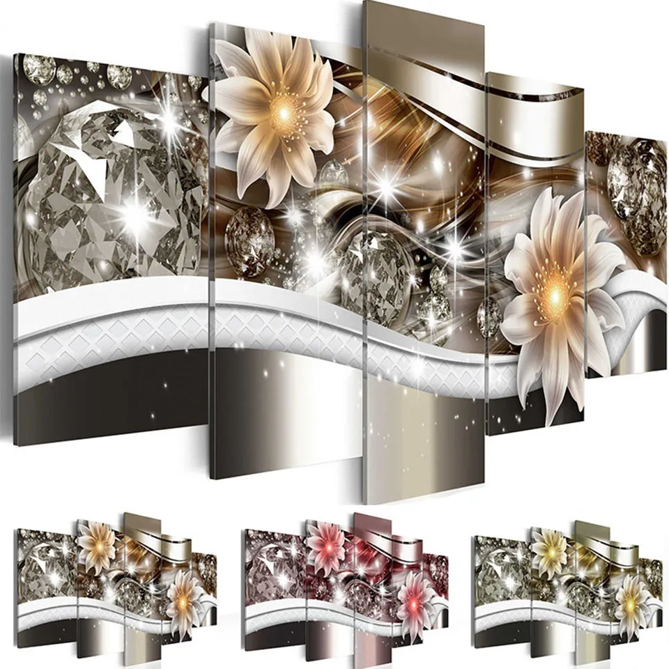 

Modern HD Wall Art Prints 5 Panel Elegant Flower Beautiful Exquisite Diamond Canvas Painting Home Decor Modular Pictures Poster