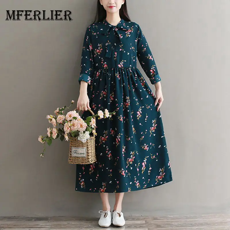 

Mferlier Chiffon Dress Women Bow Collar Long Sleeve Retro Floral Print Mori Girl Artsy Green A Line Casual Dress