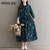 Mferlier Chiffon Dress Women Bow Collar Long Sleeve Retro Floral Print Mori Girl Artsy Green A Line Casual Dress ► Photo 1/6