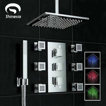 

Chrome Ceiling Mount 3 Color Changing LED Square Rain Shower Head Thermostatic Valve Mixer Tap W/ 6 Massage Jets Shower Sprayer