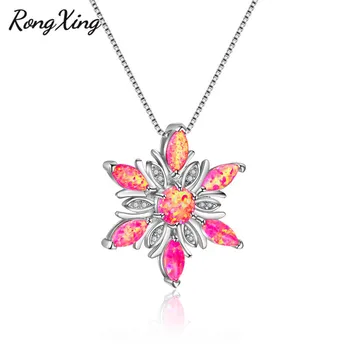

RongXing Pink Fire Opal Flower Pendants Necklaces for Women Silver Color Zircon Necklaces Fashion Jewelry NL0123